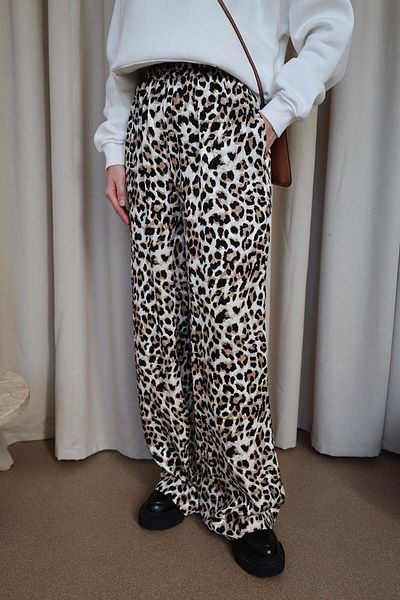 Tuba Butik Leopard Patterned Beige Black Women's Trousers with Elastic Waist