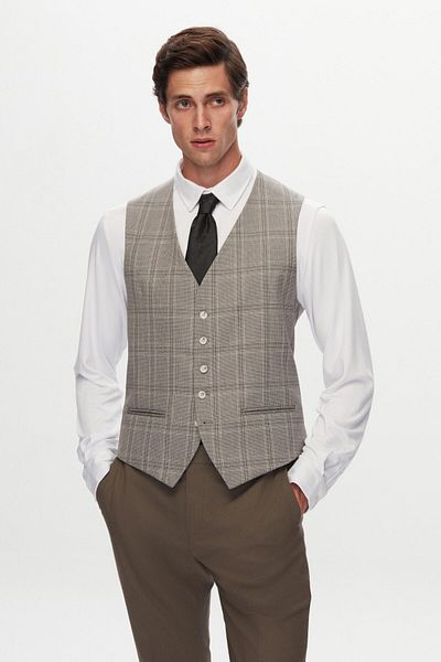 Twn Beige Slim Fit Viscose Mono Collar Suit - Dobby Combination