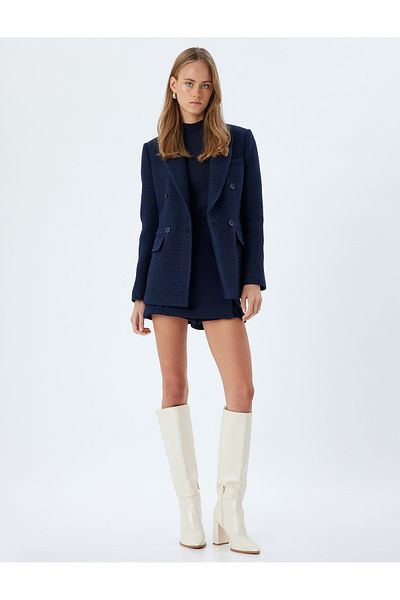 Koton Tweed Double Breasted Blazer Jacket - τσέπες με πτερύγια, μήκος γοφού, κανονική εφαρμογή