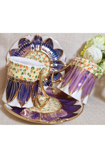 BY.RAYKA PORSELEN El Dekor Sunflower Porcelain Hand Painting Set of 2 Coffee ...