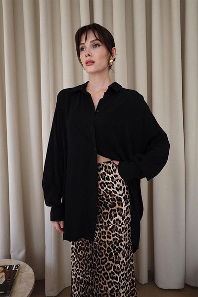Tuba Butik Oversize Patterned Satin Black Women's Shirt