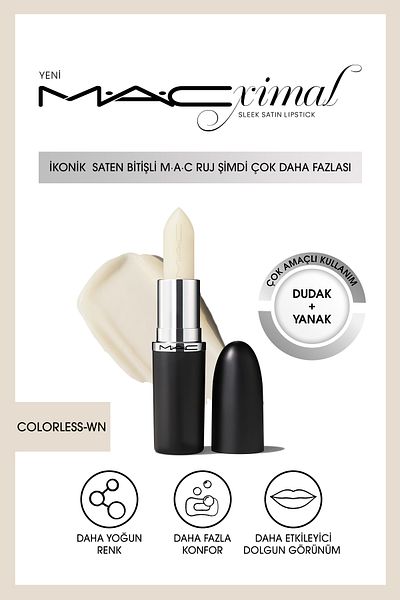 M.A.C Macximal Sleek Satin Lipstick Ikonik Satin Finish Lipstick-Colorless 3.5Gm