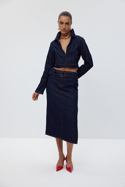 Tuba Butik Denim Jacket Skirt Dark Navy Blue Women's Set