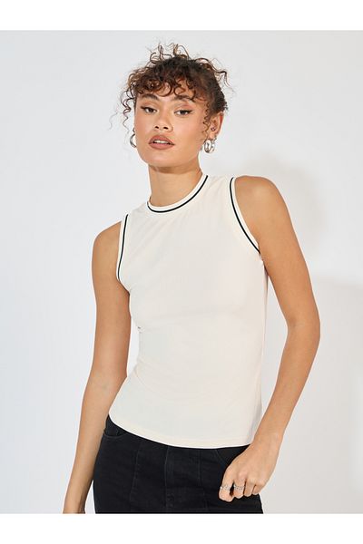 Styli Flat Knit Sleeveless Top with Contrast Piping