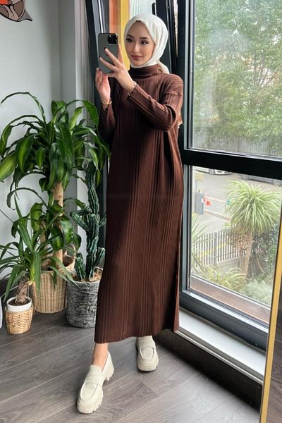 Tesettür Vagonu Half Fisherman Bitter Brown Knitwear Dress