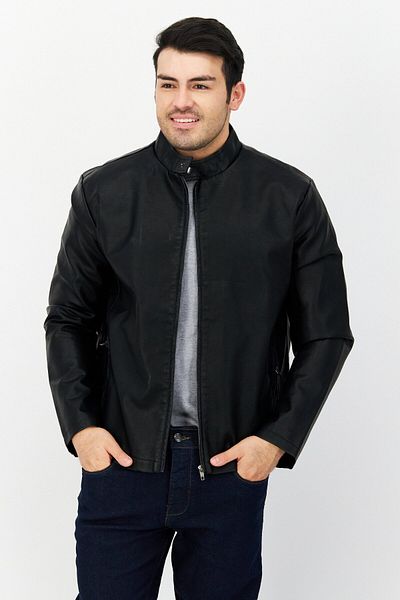 French Connection Men Plain Leather Motor Jacket Black