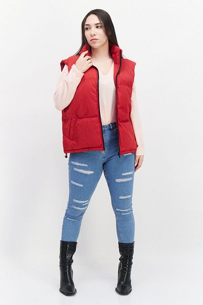French Connection Women High Neck Sleeveless Puffer Vest Jacket, Red