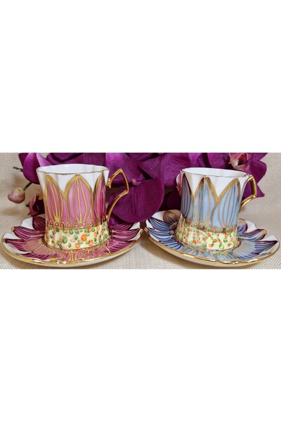 BY.RAYKA PORSELEN El Dekor Sunflower Porcelain Hand Painting Set of 2 Coffee ...