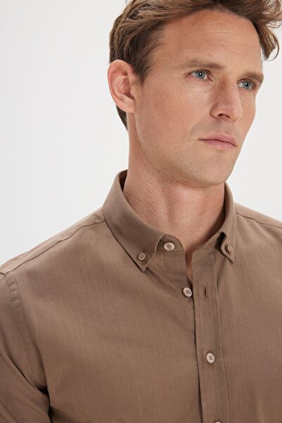 AC&Co / Altınyıldız Classics Men's Brown 100% Cotton Oxford Slim Fit Buttoned Collar Flamed Shirt