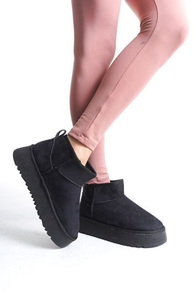 Shu Mhu Γυναικείο μαύρο μποτάκι με χοντρή σόλα με γούνα από σουέτ με απλό σχέδιο