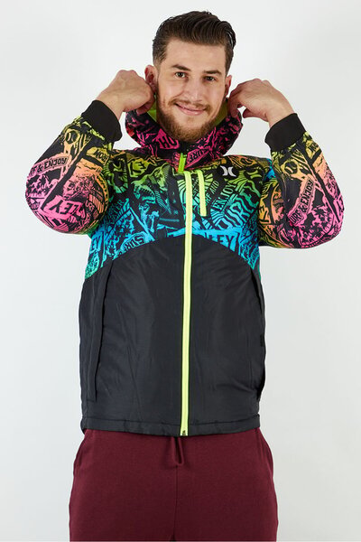 Hurley سترة بغطاء للرأس مطبوعة بشعار العلامة التجارية للرجال، مجموعة سوداء