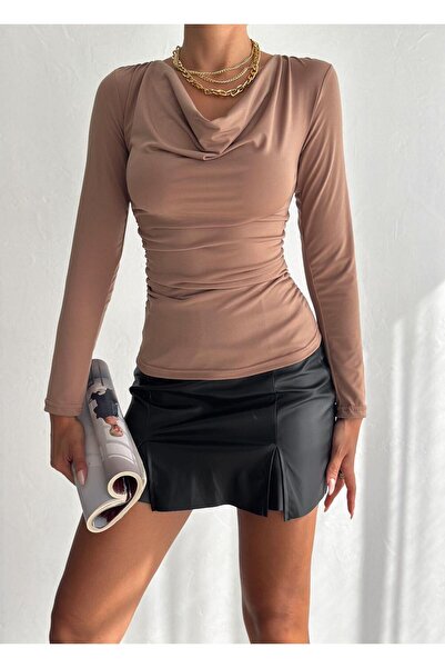 Butik Γυναικεία αμμώδης υφασμάτινη μπλούζα με μακρυμάνικη λαιμόκοψη