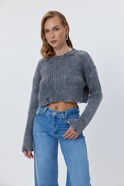 Tuba Butik Tricotaj cu decolteu Crew Pulover de damă afumat