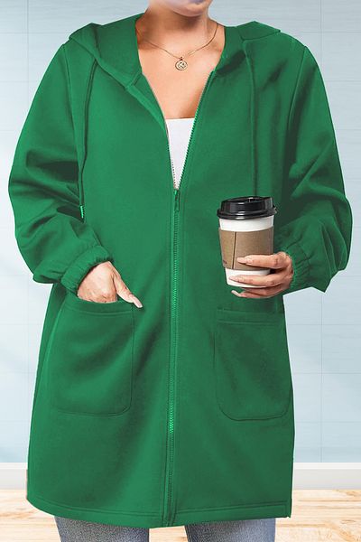Trendseninle Cardigan lung cu glugă, verde, cu 3 fire, cu buzunare