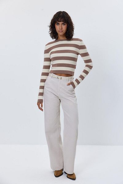Tuba Butik Crew Neck Striped Crop Knitwear Mink Women's Sweater