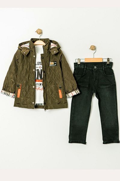 Minik Dolap Hooded Quilted Coat 3-Piece Jeans Set