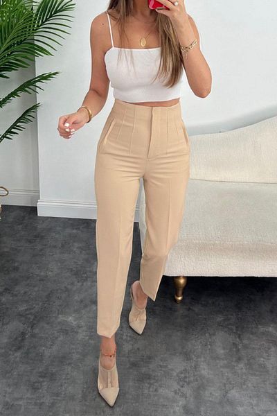dk denemekabini Women's High Waist Cuffed Carrot Fabric Trousers - Stone