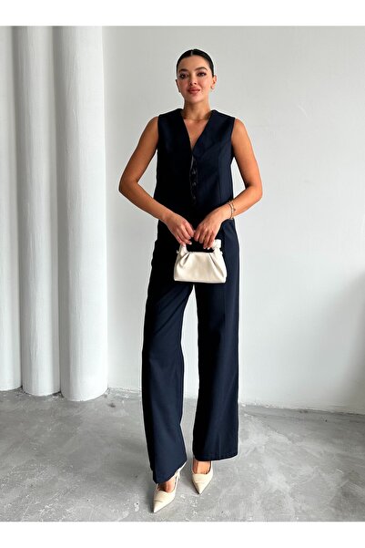 Laluvia Sötétkék Miranda szövet mellény nadrág szett