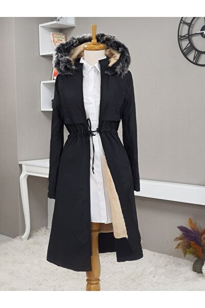 Modamorfo Metal Star Detailed Hooded Long Coat - Black