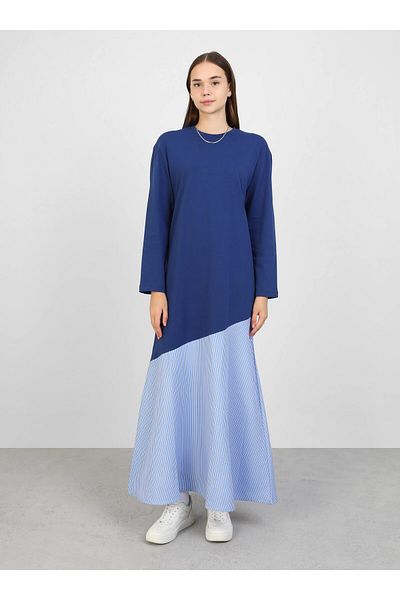 Benin Ριγέ Λεπτομερές Colorblock Hijab Φόρεμα - Navy Blue - Benin
