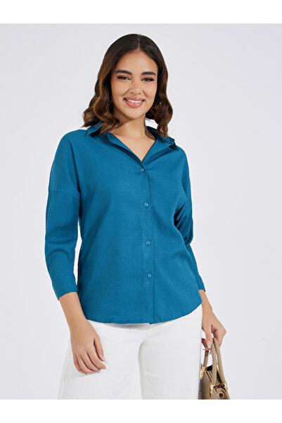 Styli Textured Longline Shirt with Back Button Placket