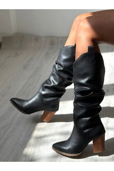 SHOEBOURNE Черни кожени ботуши с дебел ток