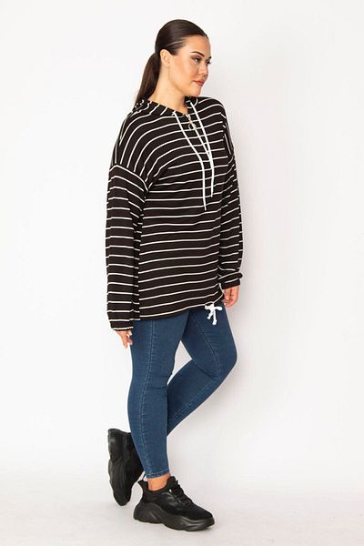 Şans Women's Black Large Size Front Placket Zippered Eyelet and Lace Detailed Hooded Striped Tunic 65n36248