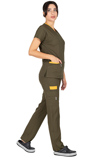 Alsancak Üniforma Twin Flex Khaki Green Lycra Thin Fabric Doctor's Jersey and Nurse's Jersey Set