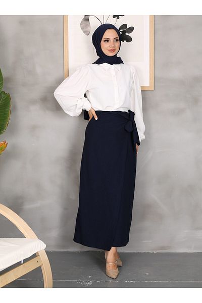 VAV Λινό Φούστα Navy Blue - Δαντέλα - Vav