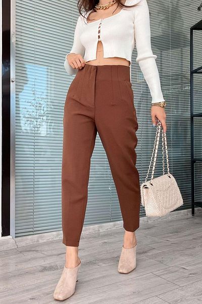 dk denemekabini Women's High Waist Cuffed Carrot Fabric Trousers - Brown