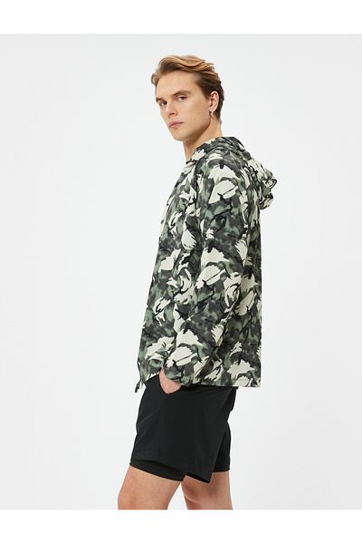 Koton Sports Jacket Camouflage Printed Hooded Zippered Casual Cut Pocket Detailed Parachute Fabric