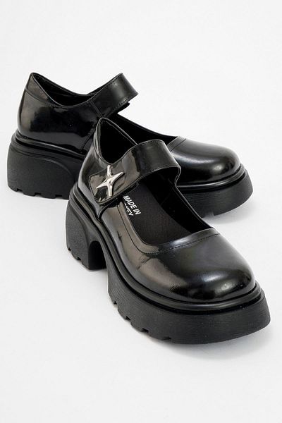 Ccway Pantofi casual dama din piele lacuita neagra - Velcro