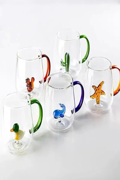 Rosemor 6'lı  Sevimli Karikatürler Bardağı Figürlü Cam Bardak 3D Kawaii Renkli Kulplu Sunum Fincanı 350 ml.