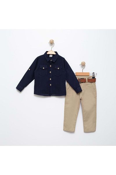 Mnk Baby&Kids Navy Blue Linen Shirt and Gabardine Trousers Set - Mnk6359