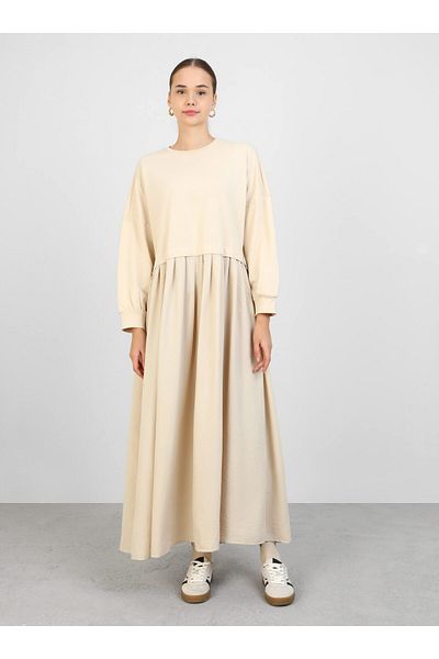 Benin Pleated Detailed Aerobin Hijab Dress - Beige - Benin