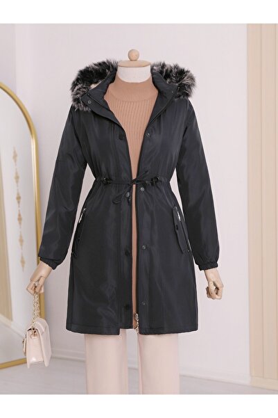 Modamorfo Short Coat with Hooded Sleeves and Elastic Pockets - Black