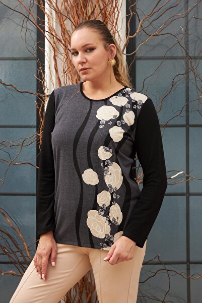 Imagine Giyim Plus Size Smoked Blouse with Bezexl Pattern