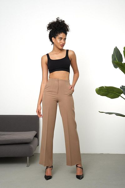 dk denemekabini Women's High Waist Pocket Collared Fabric Trousers - Mink