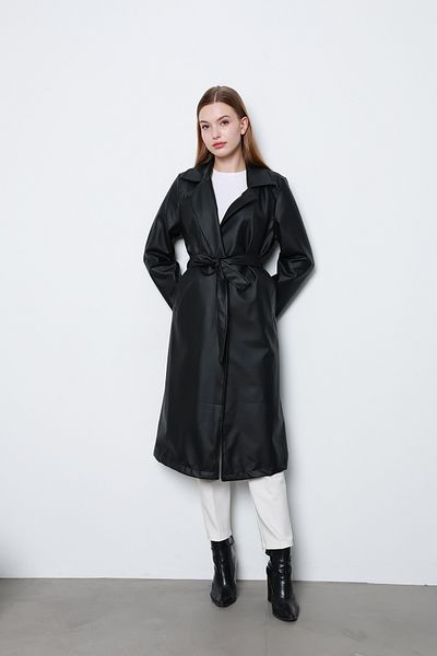 İKLİM LİFE Black Leather Coat - Lined and Belted