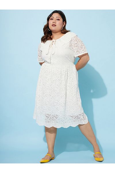 Athena By Styli Plus Size Tie-Up Neck Lace Insert Midi Dress