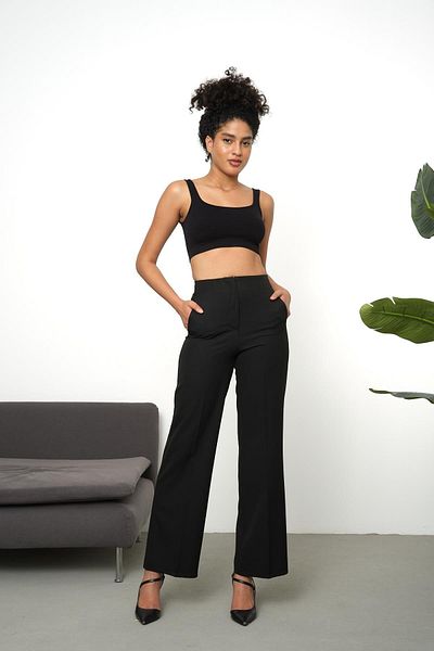 dk denemekabini Women's High Waist Pencil Loose Wide Leg Pocket Fabric Trousers - Black