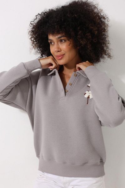AMİDA Hanorac oversize pentru femei cu gât polo gri brodat - 2452