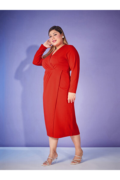 Sassafras By Styli Plus Wrap Midi Dress with Long Sleeve