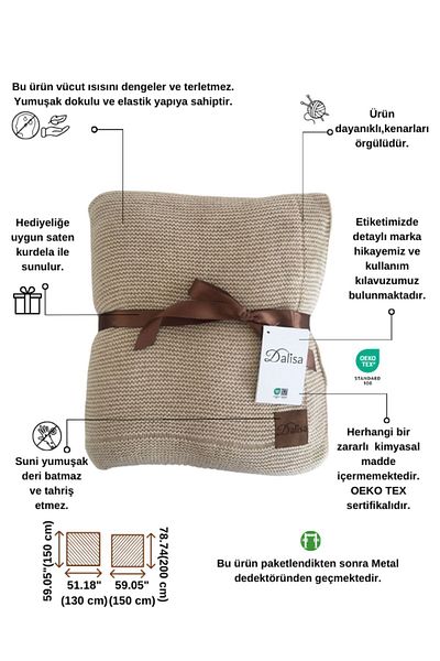 DALİSA Alina Knitwear Plain Knitted Knee Blanket, Sofa Shawl, Children's Blanket Stone - 130x150