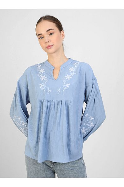 Benin Sky Blue Floral Embroidered V-Neck Tunic