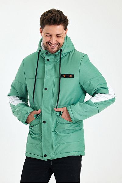 Avones Men's Woven Fabric Hooded Puffer Coat with Front Cover, Snap Fasteners and Zipper