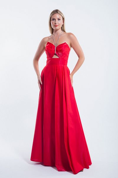Lafaba Red Jewelled Strap Long Women's Evening Dress