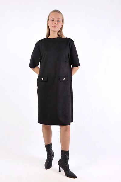 Rays 3013A Rochie din piele intoarsa cu maneca scurta pe jumatate de gat neagra