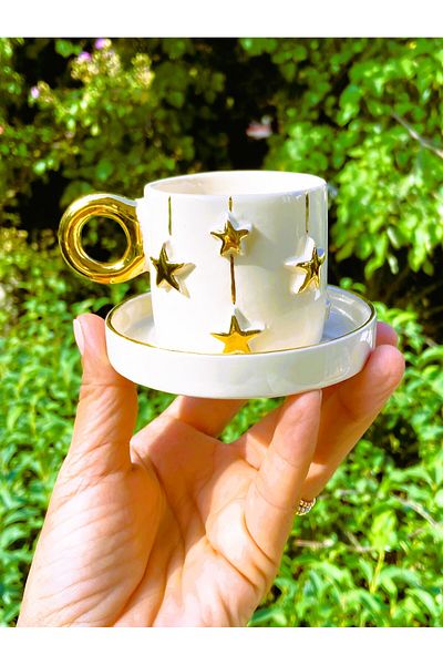 Monako Limited Edition Premium Quality 24 Carat Gold Detailed, Star Embossed, Handmade Turkish Coffee Cup 100 ml