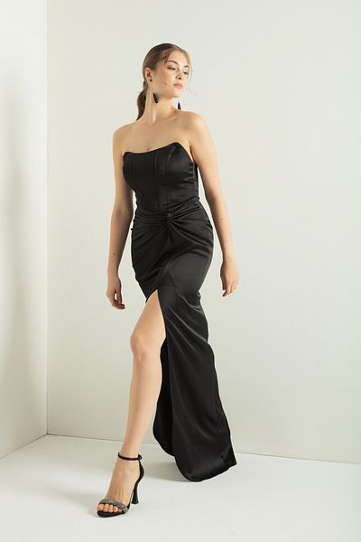 OFZE Women's Black Double Breasted Lined Satin Long Evening Dress with Woven Corset Detail